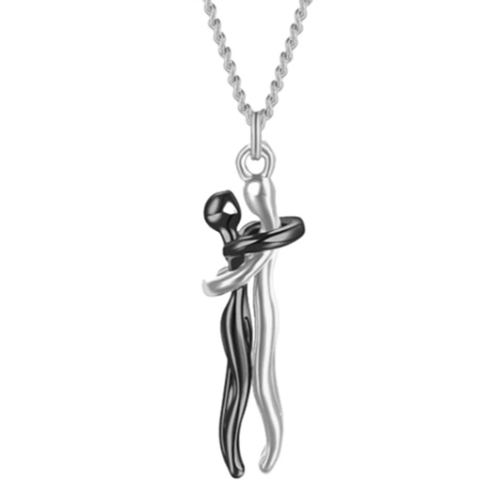 Stainless Steel Hugging Couple Pendant Necklace - Silver Male & Black Female